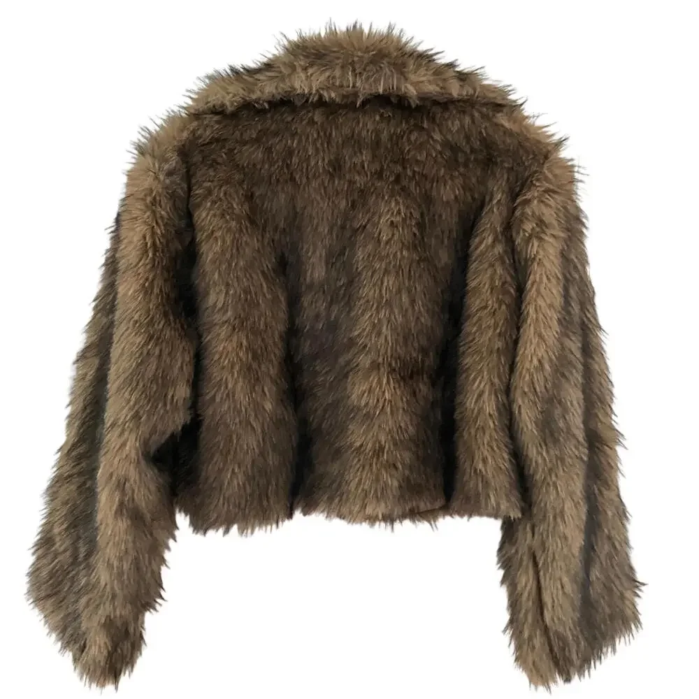 NWT Luxury Sz L Brown Cropped Faux Fur Coat Chic IT Girl Street Style Glam Vibe - Picture 4 of 9